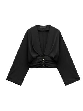 Zara Black Ruched Button-Front V-Neck Crop Top